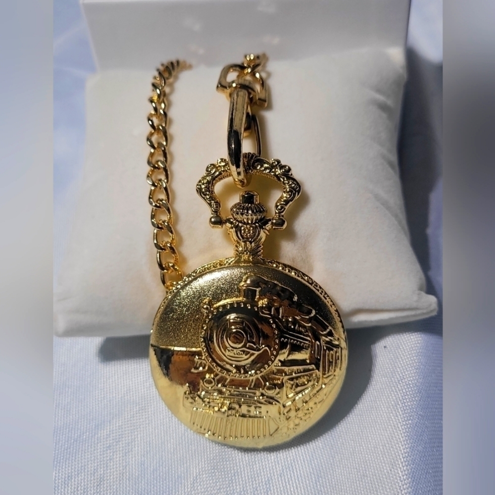 NWOT Louis Richard Gold tone train pocket watch